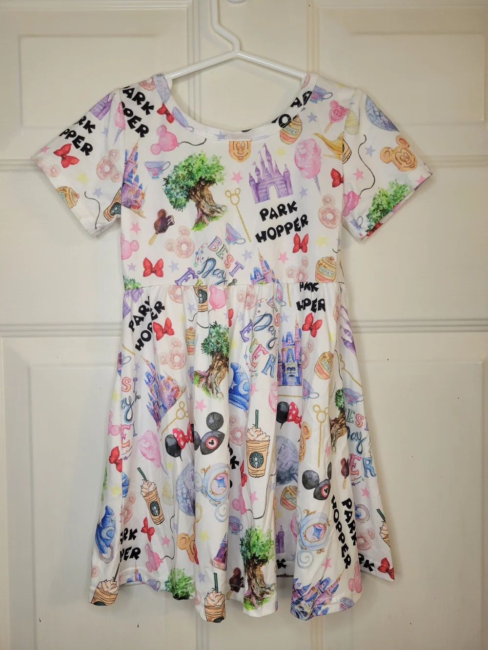 Boutique Disney Themed White Multi-Color Graphic Twirl Dress